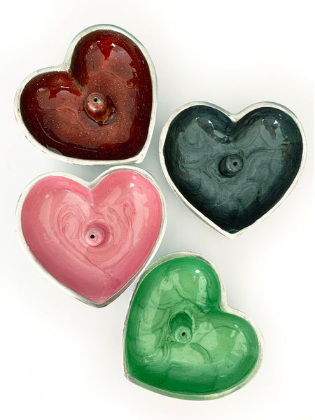 Hand Painted Enamel Heart Incense Bowl • CHARCOAL