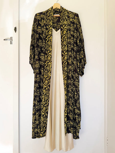 Black & Yellow Floor Length Batik Duster/Kimono Coat • (Free Size)