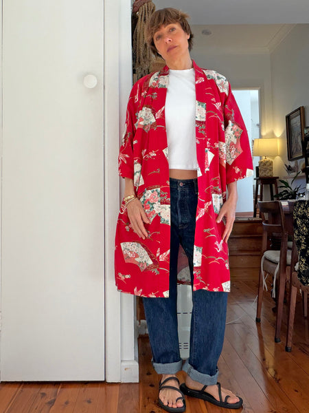 Vintage Red Japanese Cotton Kimono • (Size S/M)
