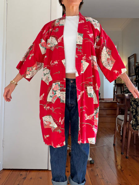 Vintage Red Japanese Cotton Kimono • (Size S/M)