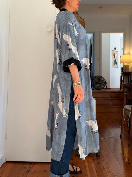 Blue-Grey Oriental Cranes Duster/Kimono Coat • (Size M)