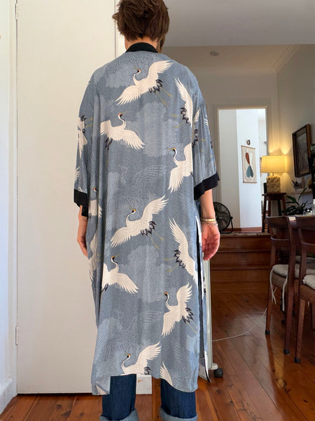 Blue-Grey Oriental Cranes Duster/Kimono Coat • (Size M)