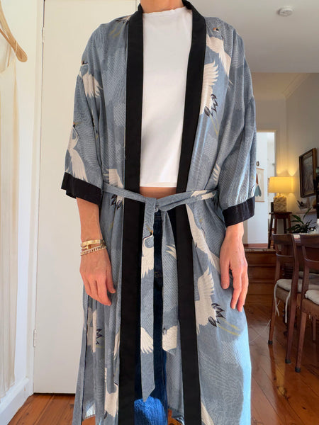 Blue-Grey Oriental Cranes Duster/Kimono Coat • (Size M)