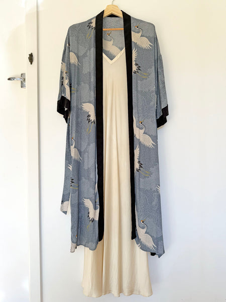 Blue-Grey Oriental Cranes Duster/Kimono Coat • (Size M)
