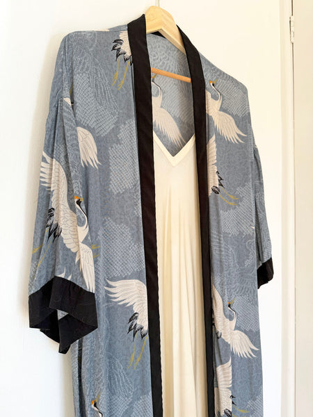 Blue-Grey Oriental Cranes Duster/Kimono Coat • (Size M)