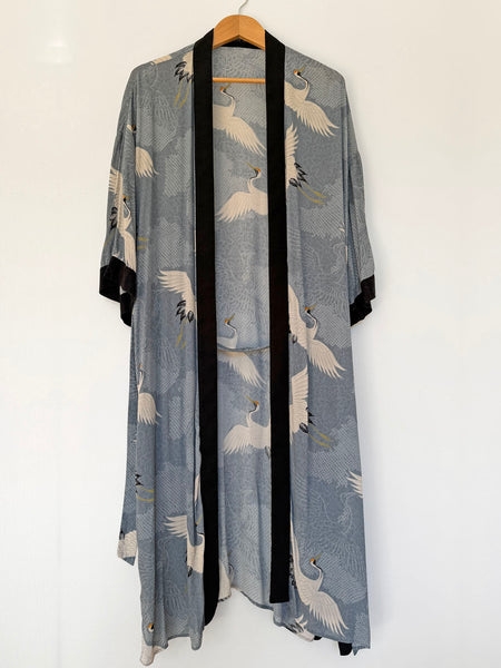 Blue-Grey Oriental Cranes Duster/Kimono Coat • (Size M)