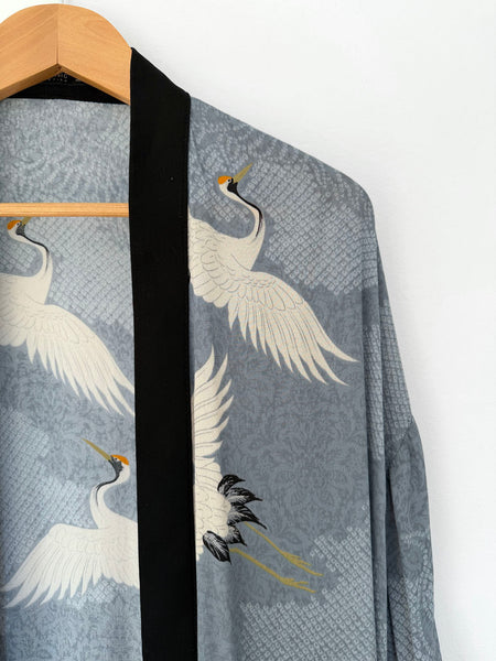 Blue-Grey Oriental Cranes Duster/Kimono Coat • (Size M)
