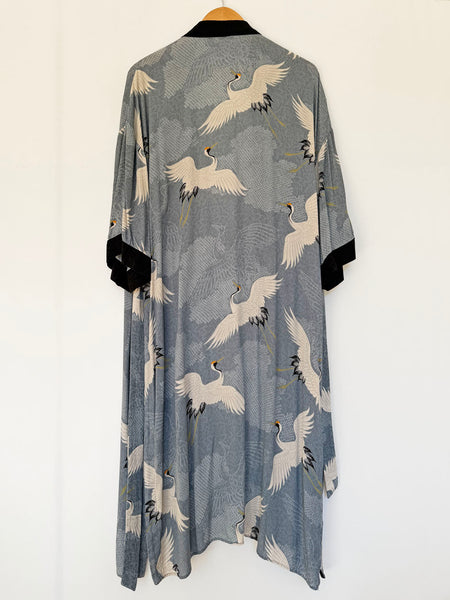 Blue-Grey Oriental Cranes Duster/Kimono Coat • (Size M)