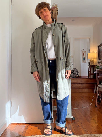 Khaki Hooded Lightweight Trench Coat • (Size 14-16)
