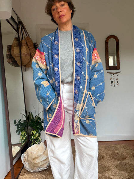 Reversible Indian Cotton Kantha Coat • Free Size