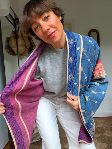 Reversible Indian Cotton Kantha Coat • Free Size