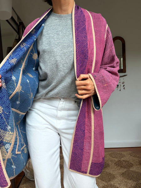 Reversible Indian Cotton Kantha Coat • Free Size