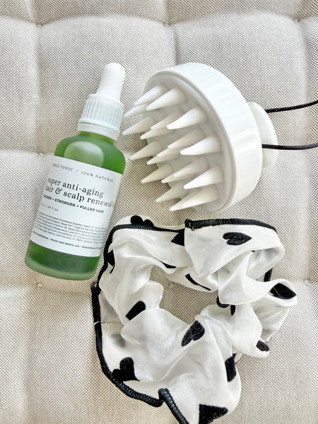 THE BEAUTY SET 5 • 50ml Scalp & Hair Renewal Oil + Scalp Massager + Oversized Silk Hair Scrunchie • (SAVE 15%) NEW