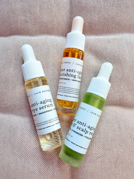 THE BEAUTY SET 6 • 10ml Scalp & Hair Renewal Oil + 10ml Facial Oil + 10ml Eye Serum • (SAVE 15%) NEW