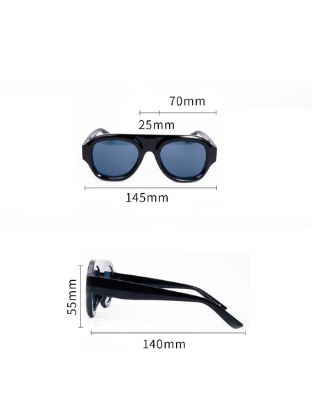 Black sunglasses with dimensions labeled on a white background